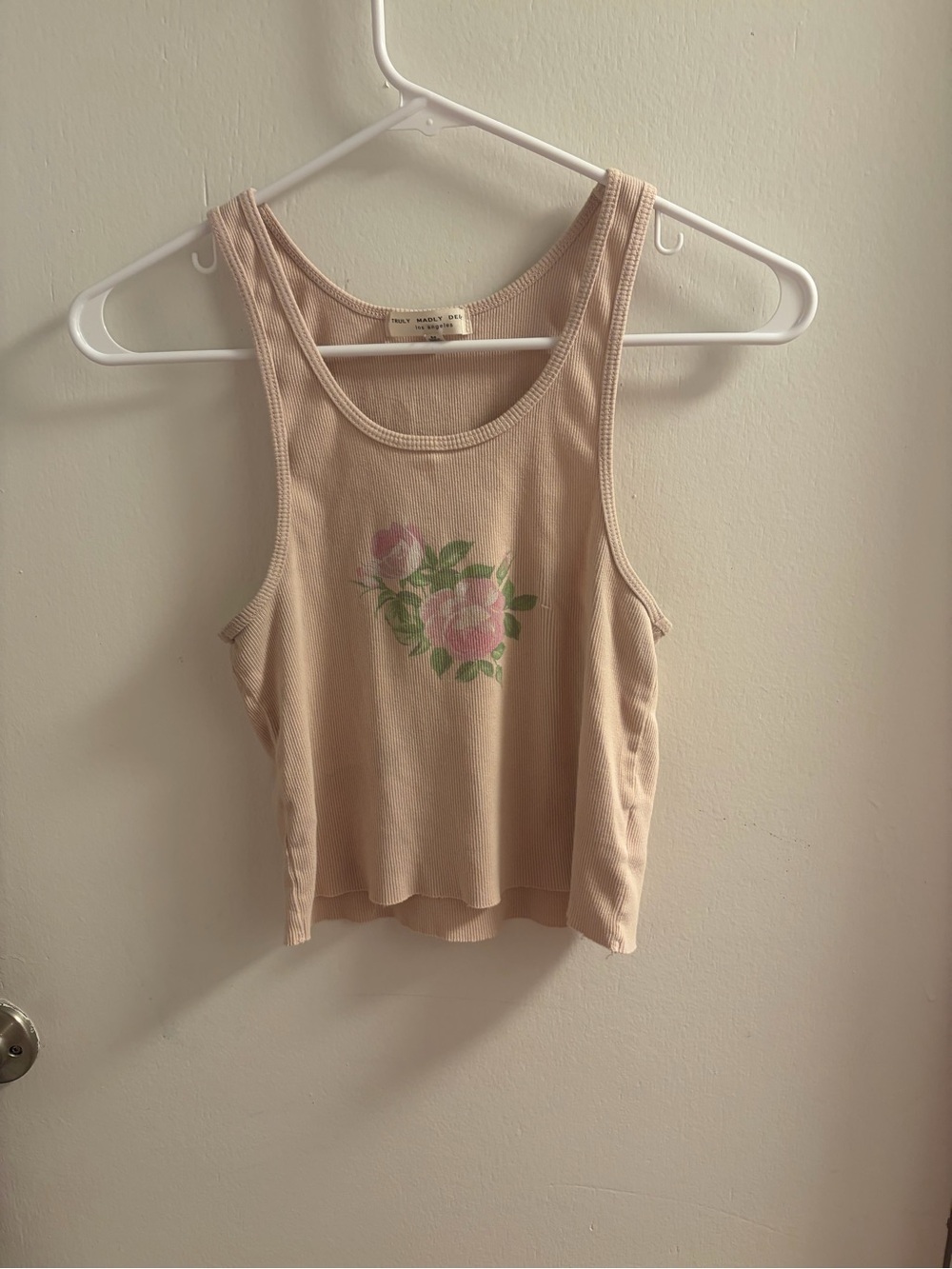 Truly Madly Deeply Beige Pink Ribbed Crop Tank with Pink Floral